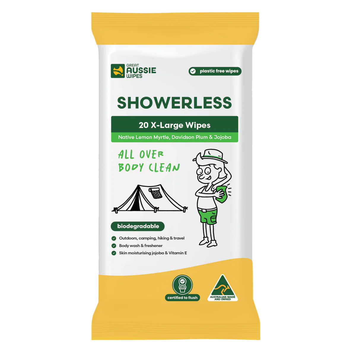 Great Aussie Wipes Showerless Body Wipes 20 Pk - Biodegradable - 126mm x 240mm - Outdoor Hygiene
