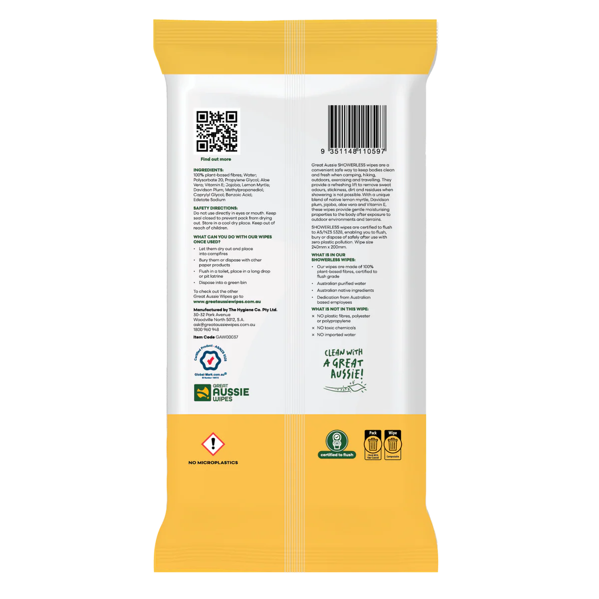 Great Aussie Wipes Showerless Body Wipes 20 Pk - Biodegradable - 126mm x 240mm - Outdoor Hygiene - Image 2