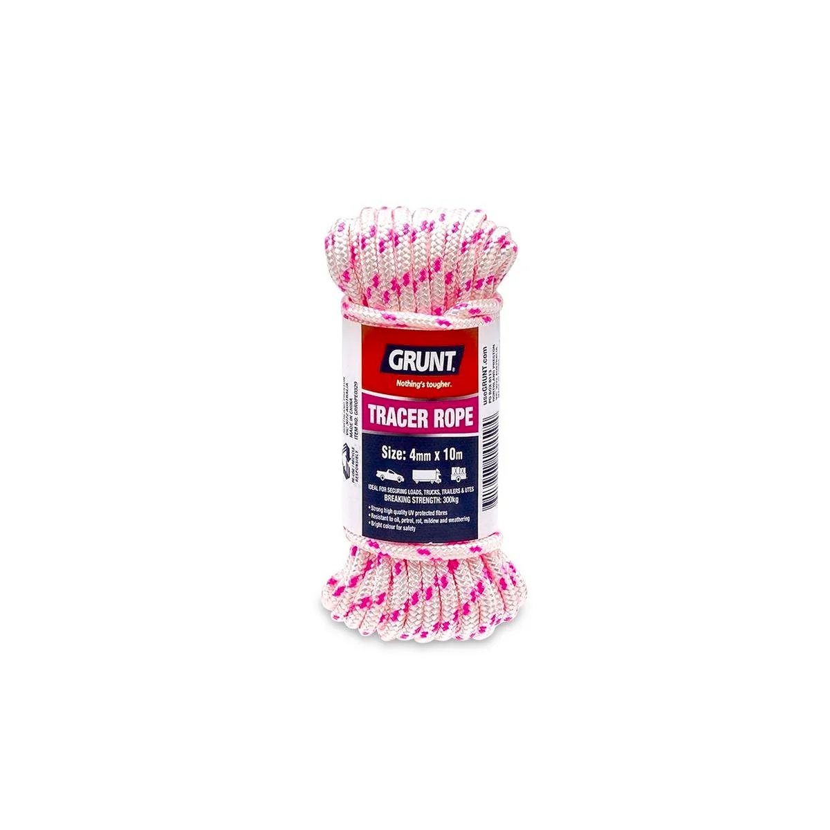 Grunt 4mm x 10m Safety Rope - White Pink Blue Tracer - Durable High Visibility
