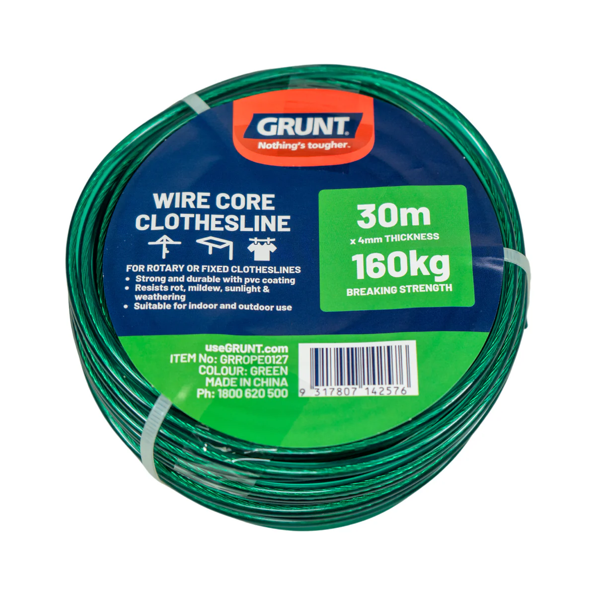 Grunt Clothesline Wire 4mm x 30m Green PVC Coated Weather Resistant