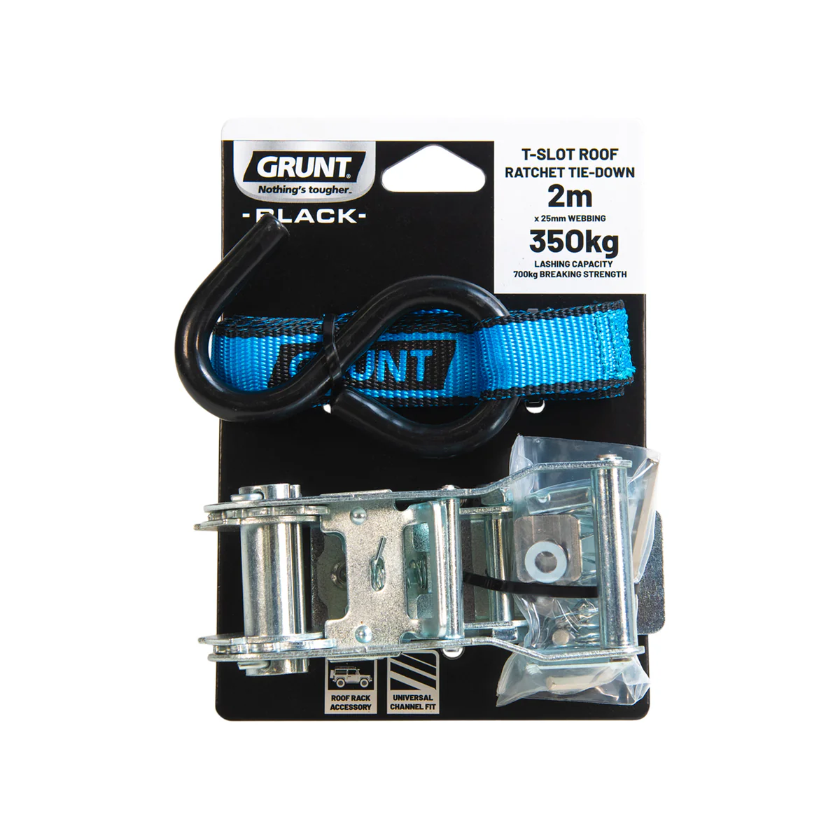Grunt T Slot Roof Ratchet Tie Down - 25mm x 2m - 350kg Capacity - Universal Fit
