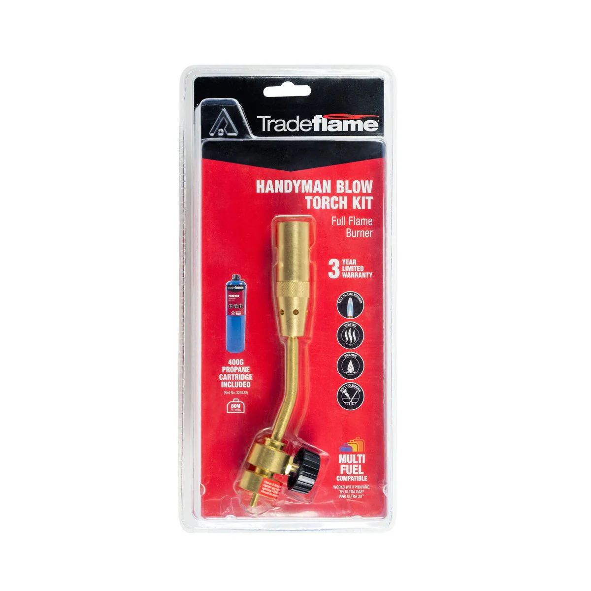 Handyman Blow Torch Kit - Cyclone Flame Burner - 400g Propane Cartridge - Multi-Fuel Compatible - 210mm x 60mm x 60mm - Image 2
