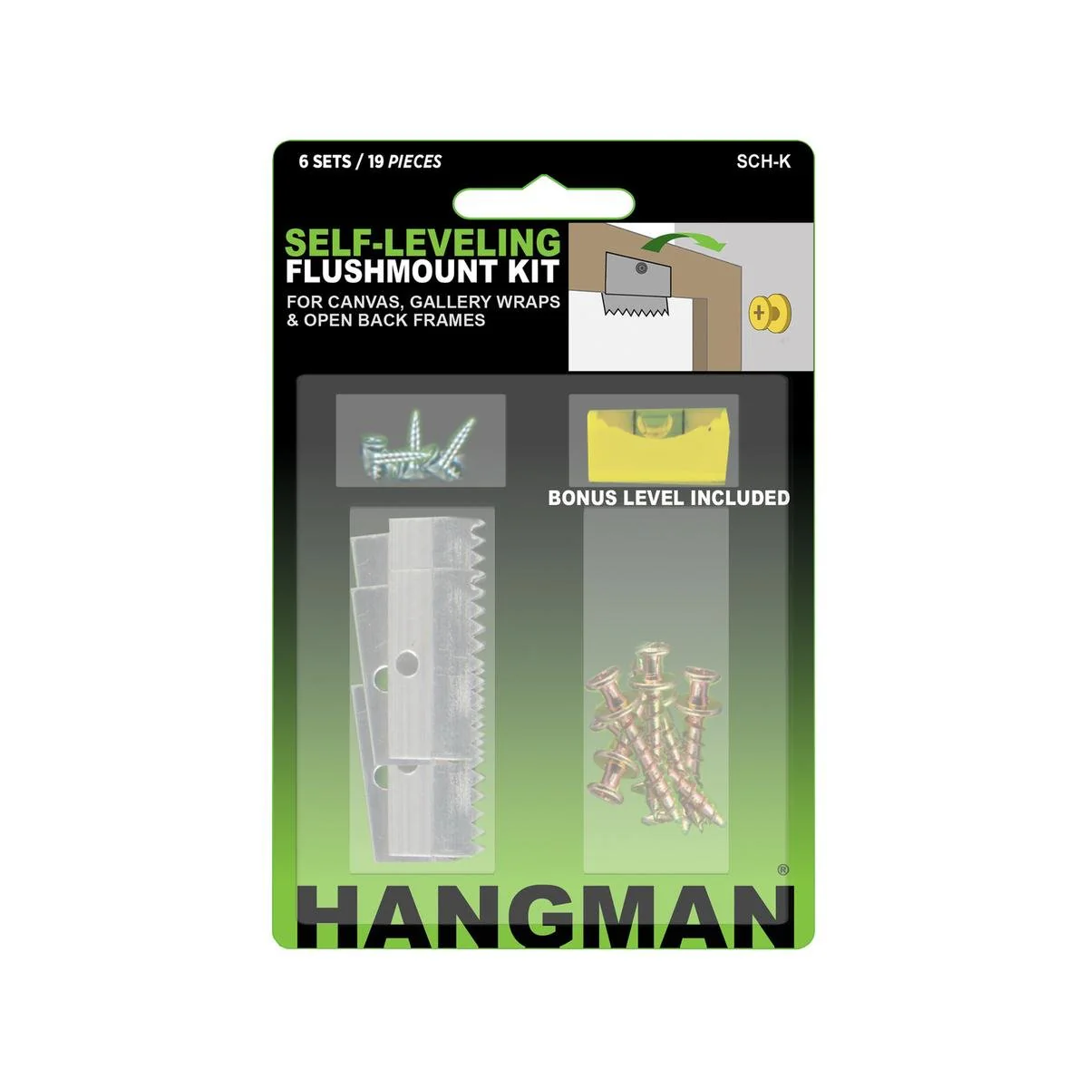 Hangman Flushmount Picture Hang Kit - 6 Pack - 139mm x 17mm x 93mm - Self-Leveling Hangers