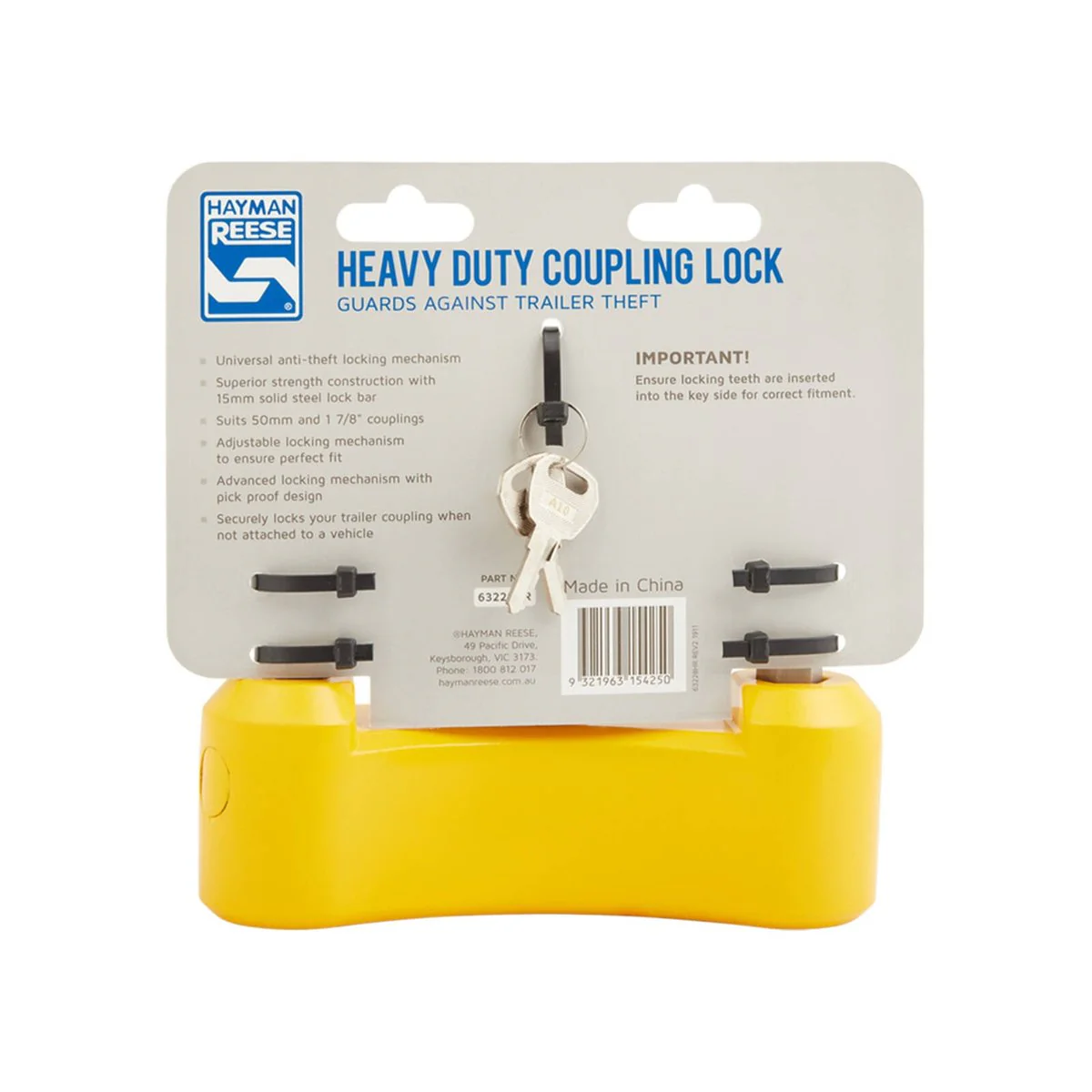 Hayman Reese Heavy Duty Coupling Lock 63228HR - 15mm Solid Steel - Blue - Image 2