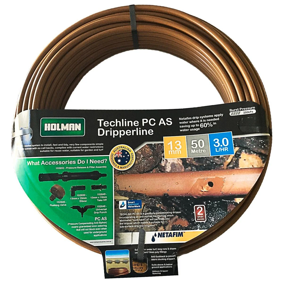 Holman 13mm Techline PC Irrigation Drip Tube 50m - Pressure Compensating Drippers