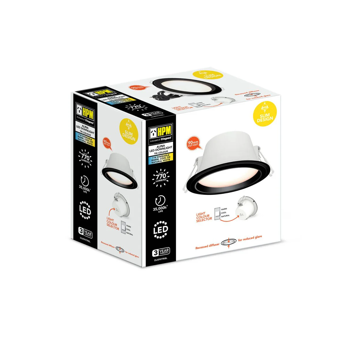 HPM Alina LED Downlight 7W 90mm - Tri Colour - Black - Dimmable - IP44 - Image 3