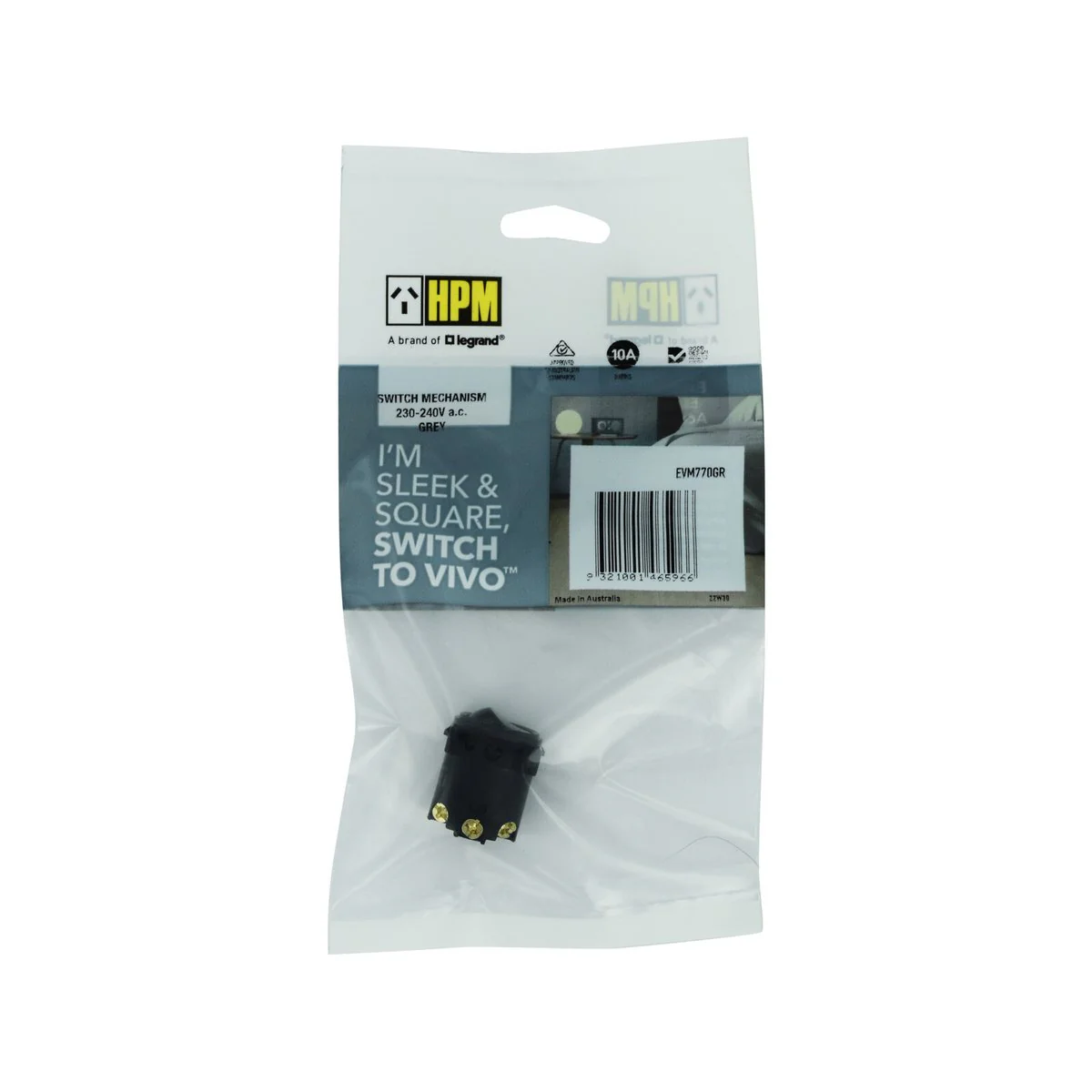 HPM Vivo Rocker Switch Mechanism 10A 240V - Grey - Reliable Performance - Image 2