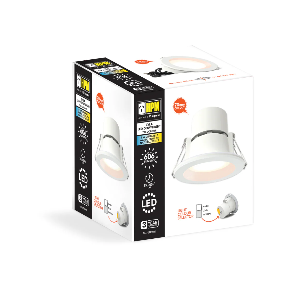 HPM Zyla Recessed Downlight - 70mm - 5W - 606lm - Tri Colour - White - Dimmable - Image 4