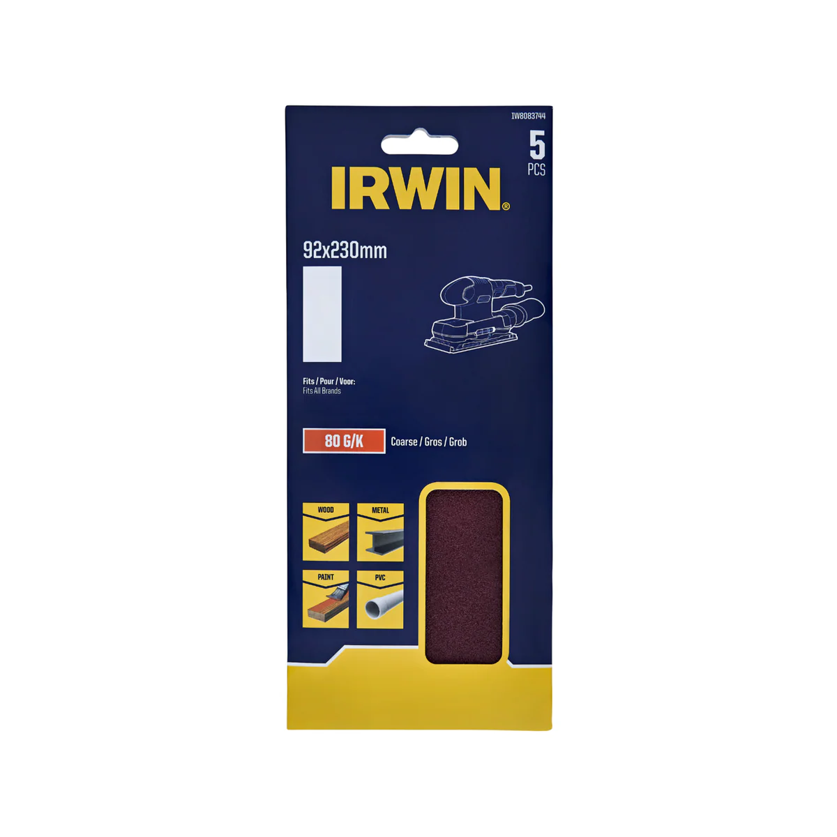 Irwin 1/3 Sanding Sheets 80 Grit 5 Pack 92 x 230mm - Aluminium Oxide