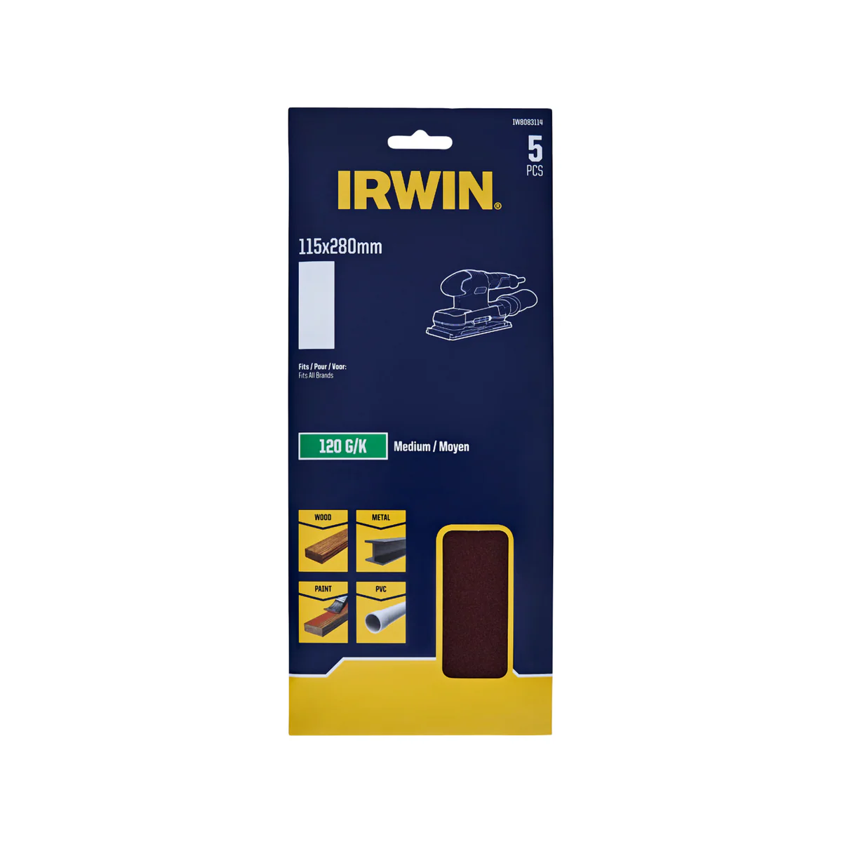 Irwin 115 x 280mm 120 Grit Sand Sheets - 5 Pack - Aluminium Oxide
