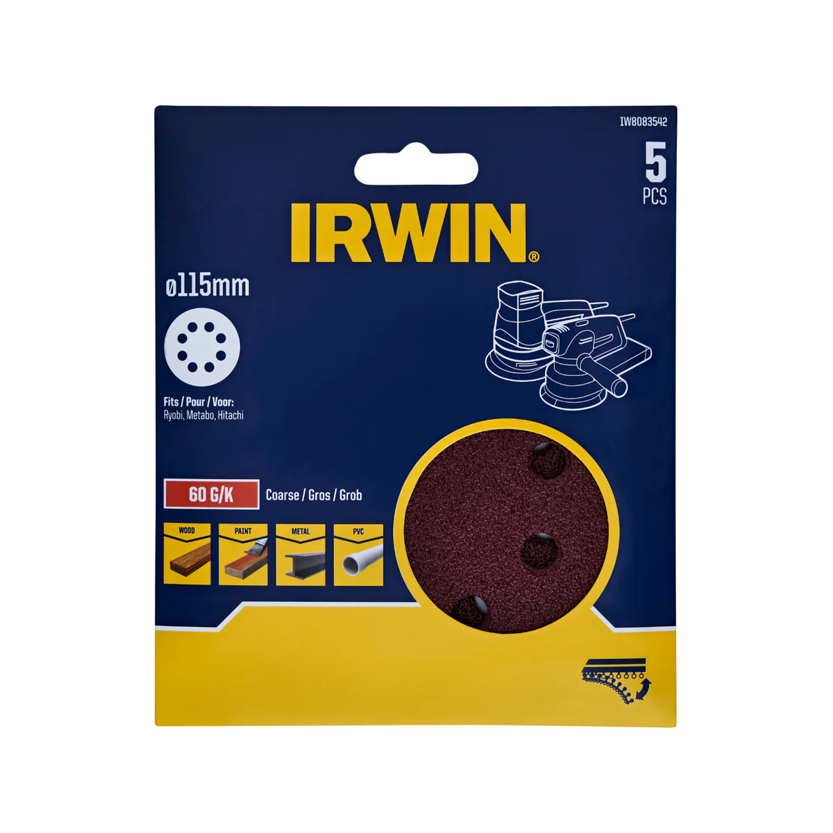 Irwin 115mm Quick Fit Random Orbital Sanding Disc 5 Pack - 60 Grit - Efficient Stock Removal