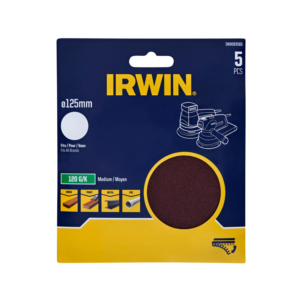 Irwin 125mm 120 Grit No Holes Quick Fit Random Orbital Sanding Discs - 5 Pack - Efficient Material Removal
