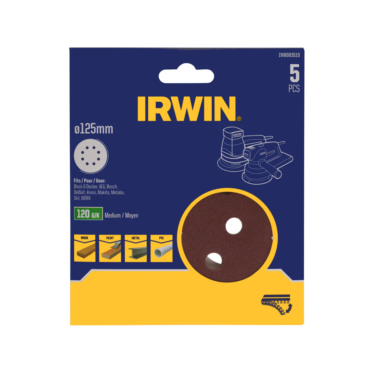 Irwin 125mm Quick Fit Random Orbital Sanding Discs 120 Grit 5 Pack - Efficient Smoothing