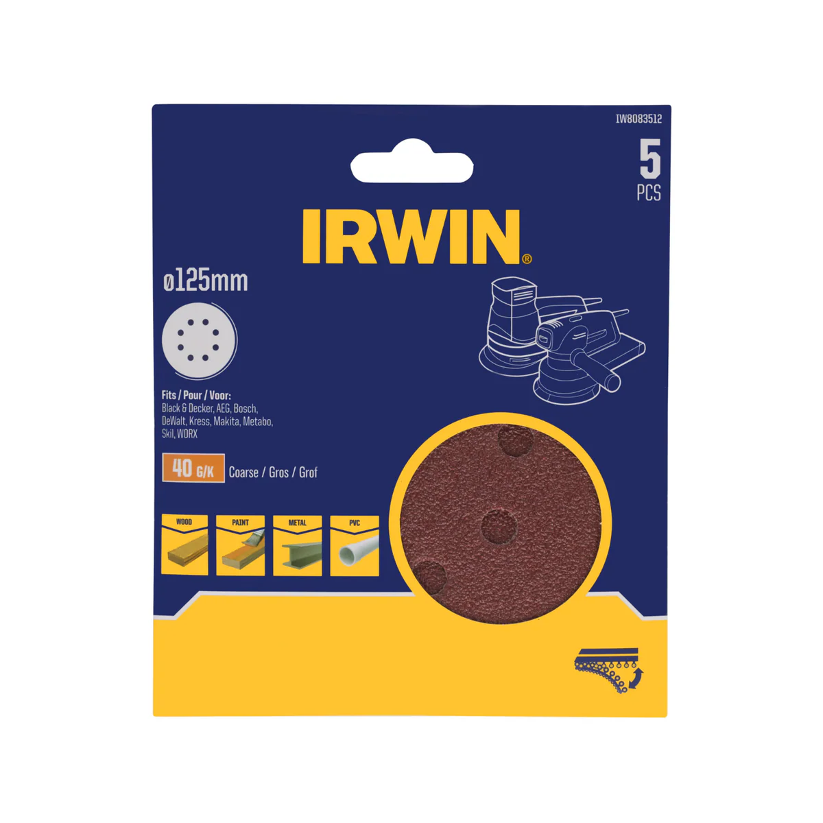 Irwin 125mm Quick Fit Random Orbital Sanding Discs 40 Grit 5 Pack - Efficient Stock Removal