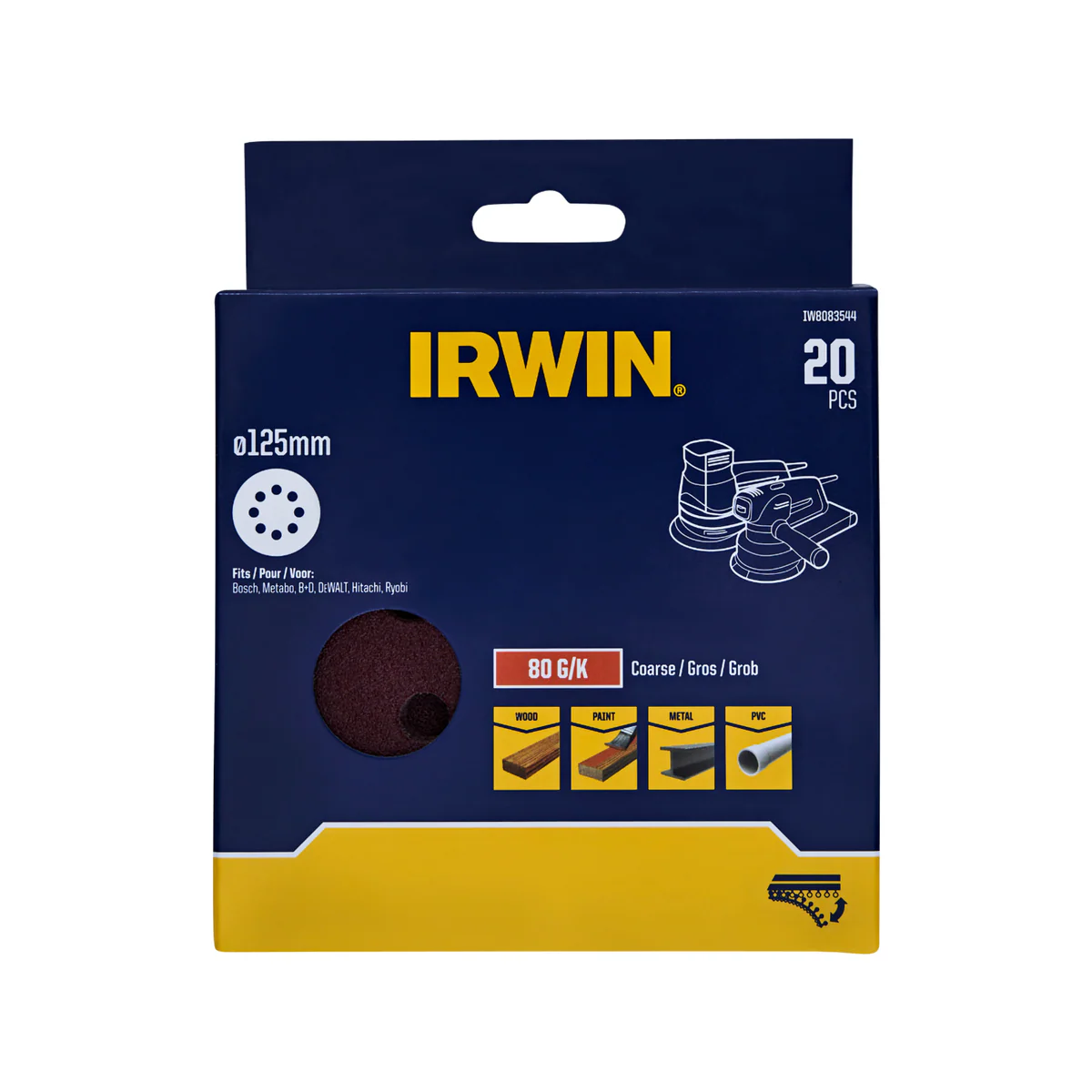 Irwin 125mm Quick Fit Random Orbital Sanding Discs 80 Grit 20 Pack - Medium Stock Removal