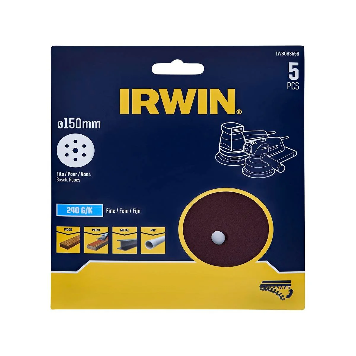 Irwin 150mm Quick Fit Random Orbital Sanding Discs 5 Pack - 240 Grit - Efficient Stock Removal