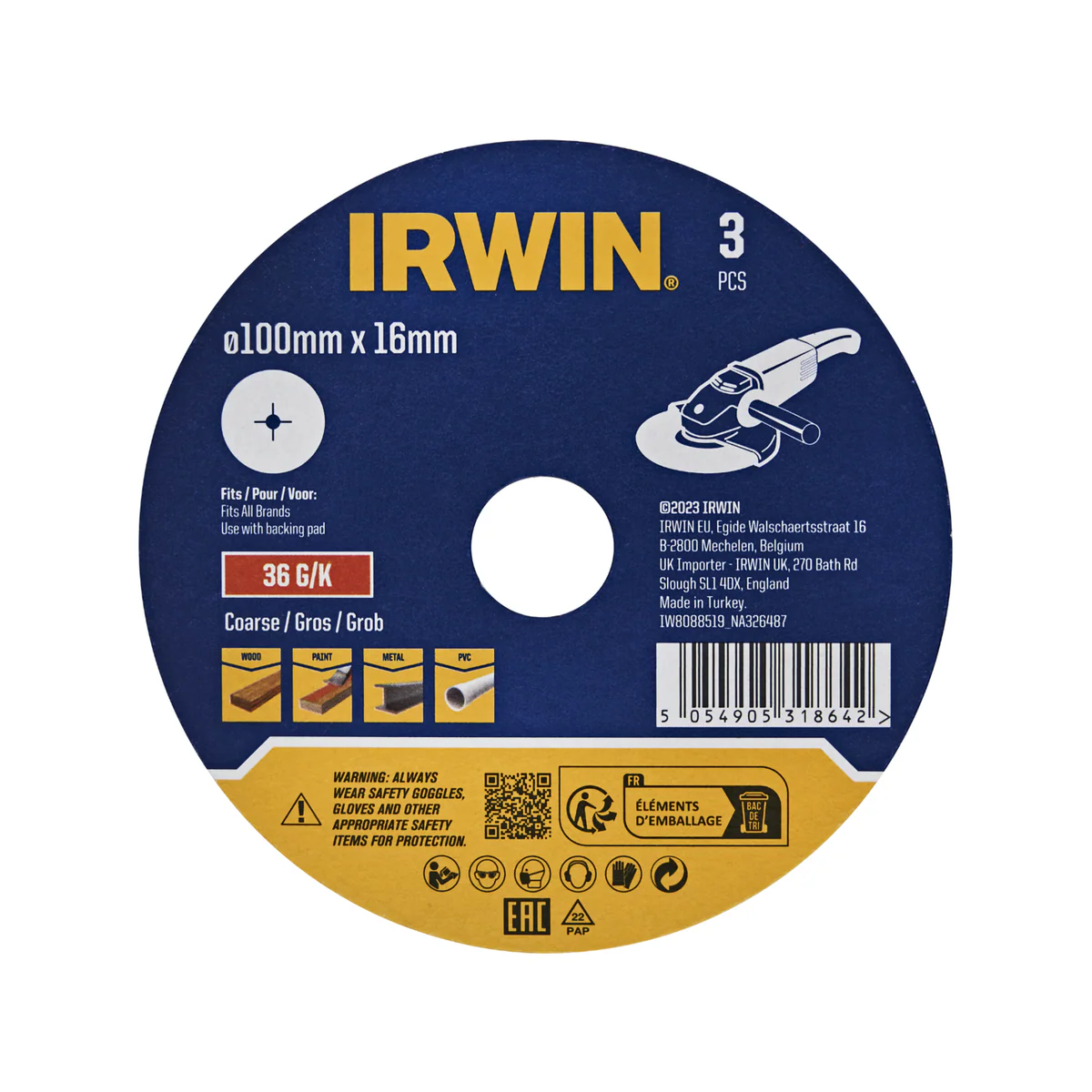 Irwin Fibre Disc 3 Pack - 100 x 16mm - 36 Grit - Aluminium Oxide - Stock Removal