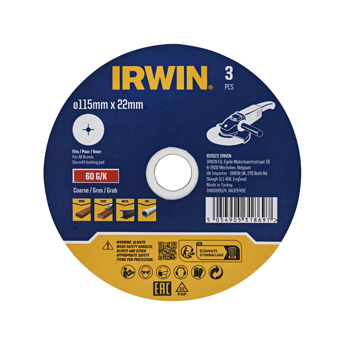 Irwin Fibre Disc 3 Pack - 115 x 22mm - 60 Grit - Aluminium Oxide - De-burring