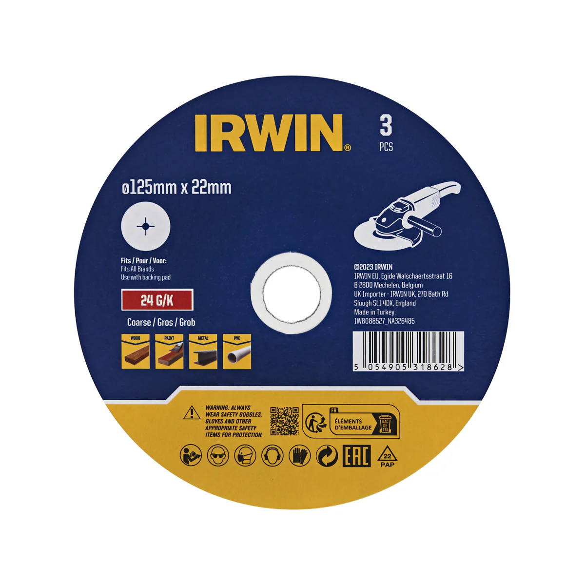 Irwin Fibre Disc 3 Pack - 125 x 22mm - 24 Grit - Aluminium Oxide - Stock Removal
