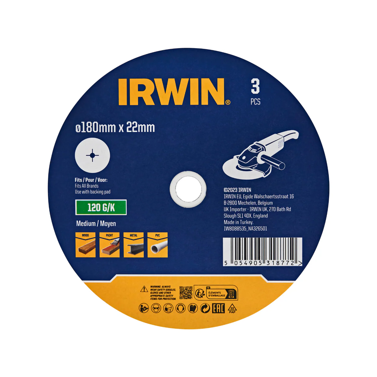 Irwin Fibre Disc 3 Pack - 180 x 22mm - 120 Grit - Aluminium Oxide - Surface Preparation
