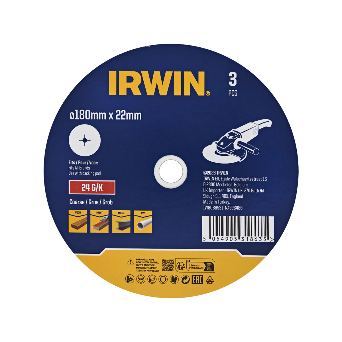 Irwin Fibre Disc 3 Pack - 180 x 22mm - 24 Grit - Aluminium Oxide - Stock Removal