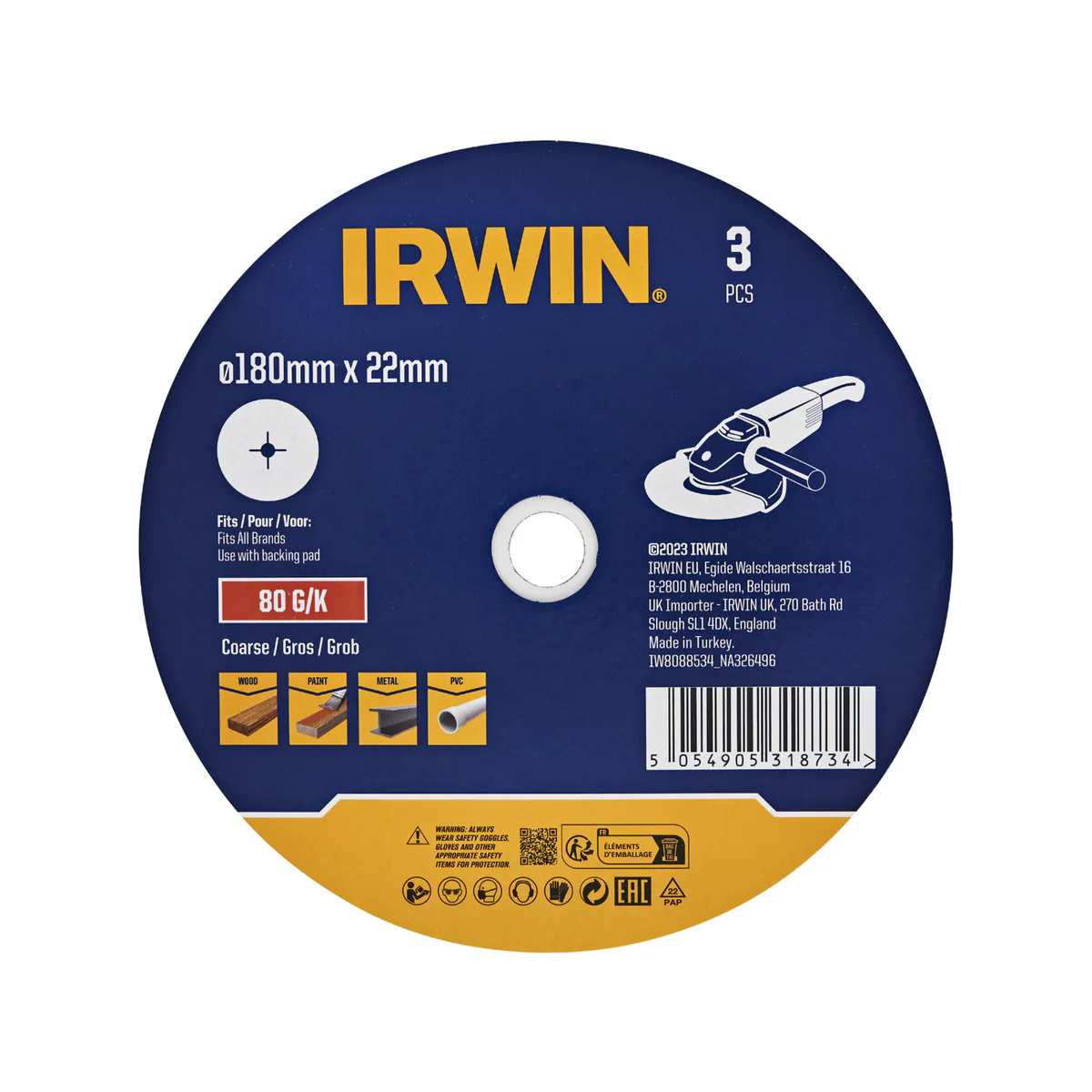 Irwin Fibre Disc 3 Pack - 180 x 22mm - 80 Grit - Stock Removal & Finishing