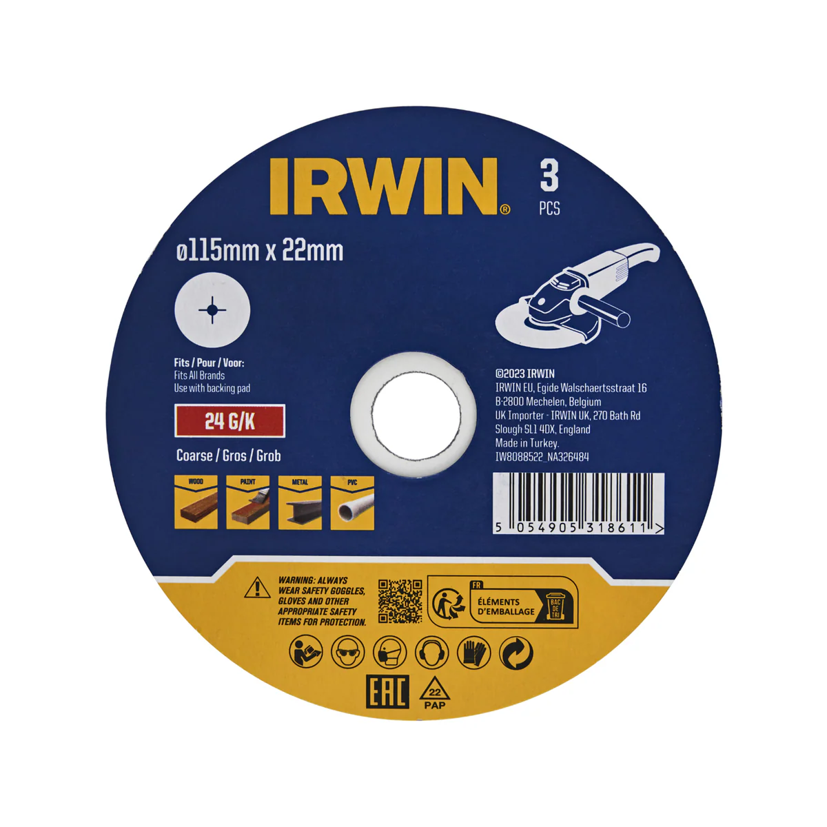Irwin Fibre Discs 3 Pack - 115 x 22mm - 24 Grit - Aluminium Oxide - Stock Removal