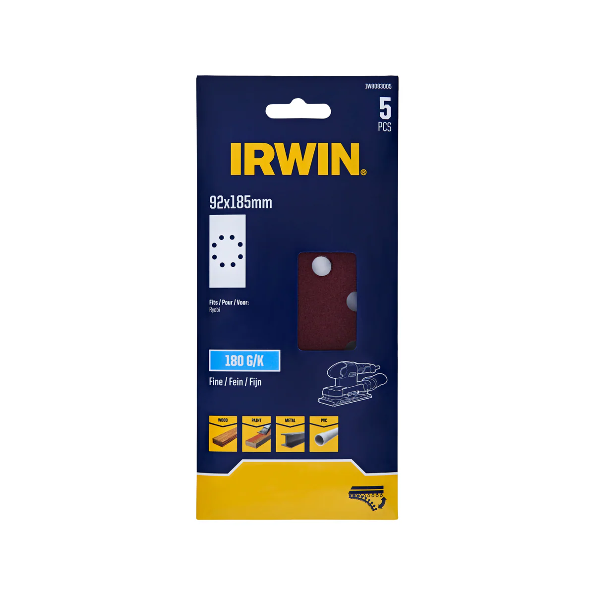 Irwin Orbital Sand Sheets 180 Grit 5 Pack 92 x 185mm - Aluminium Oxide