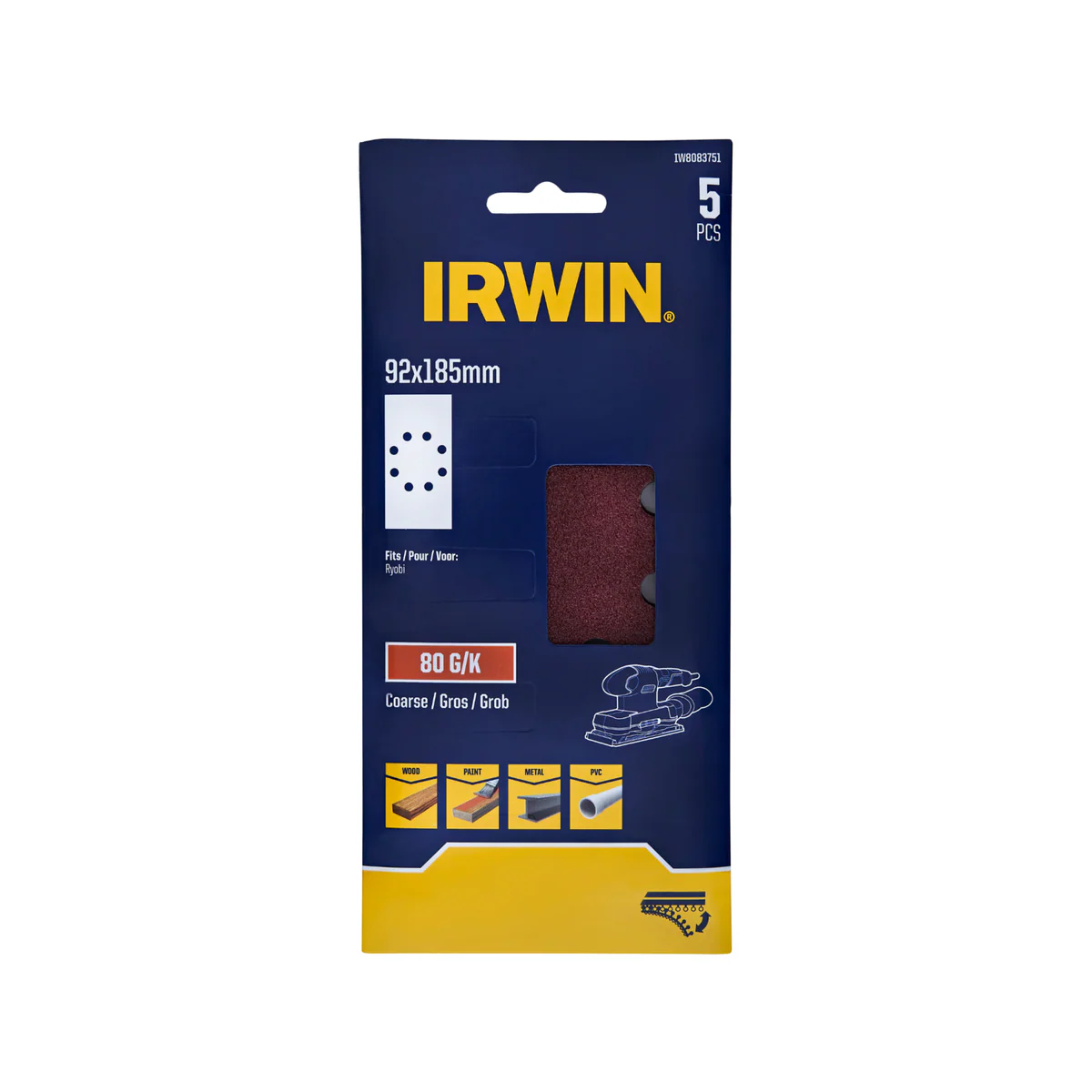 Irwin Orbital Sand Sheets 80 Grit 5 Pack 92 x 185mm - Medium Stock Removal