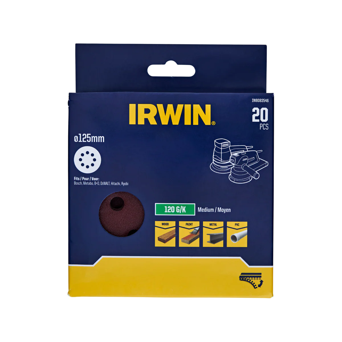 Irwin Quick Fit Random Orbital Sanding Discs 125mm 120 Grit 20 Pack - Efficient Smoothing