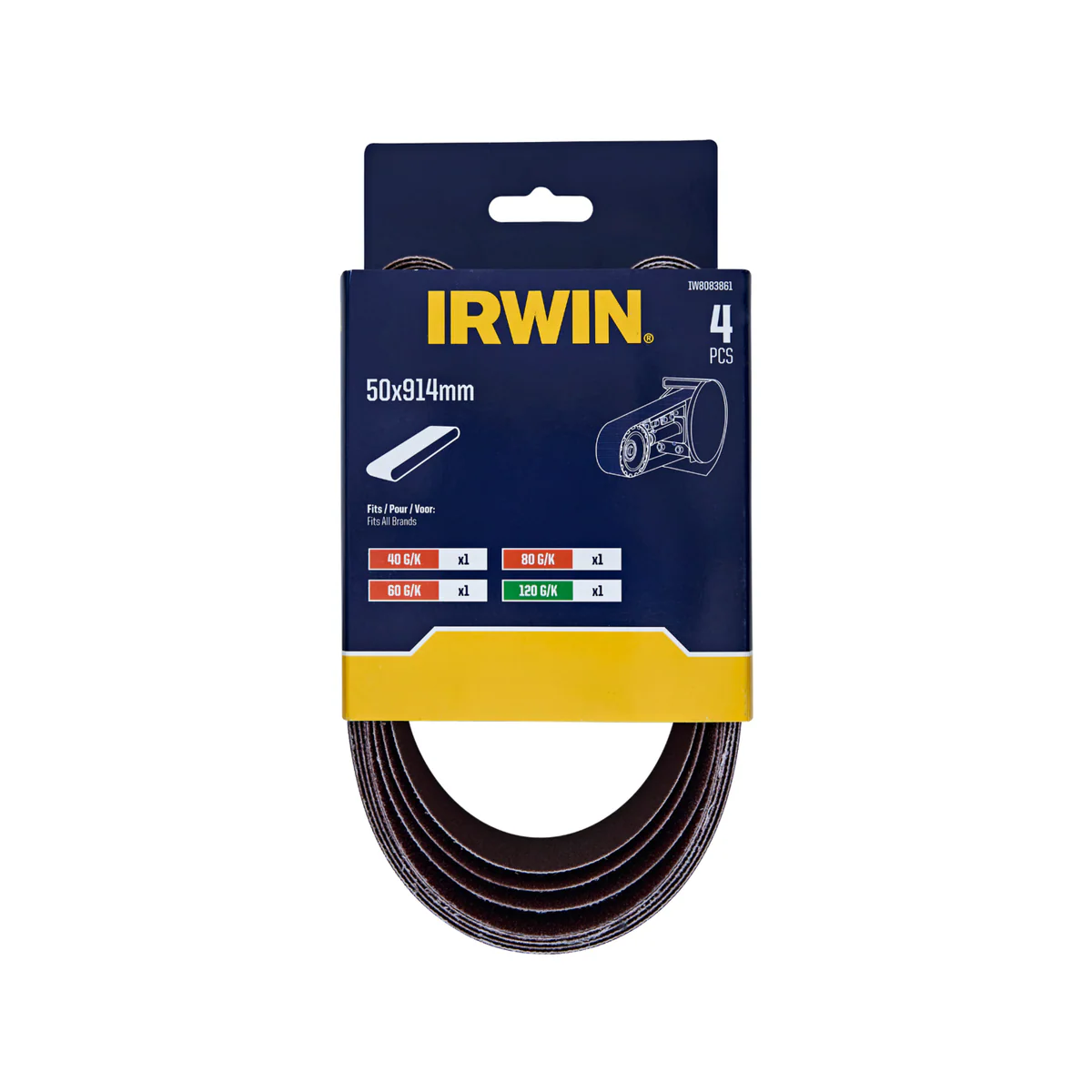 Irwin Sanding Belt 4 Pack - 50 x 914mm - 40 60 80 120 Grit - Multi-Purpose