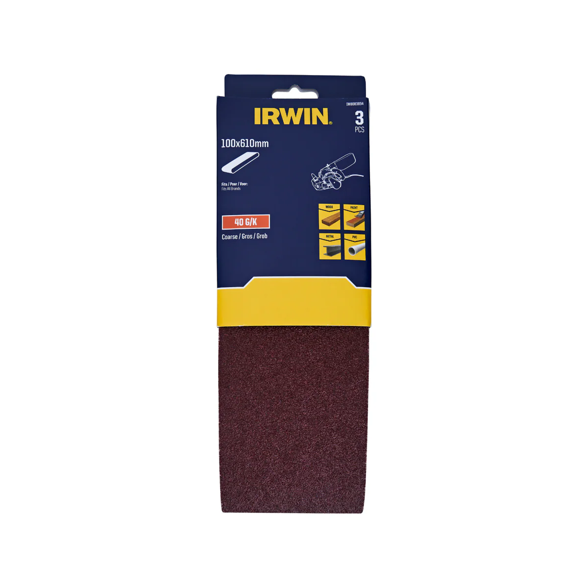Irwin Sanding Belts 3 Pack - 100 x 610mm - 40 Grit - Aluminium Oxide - Wood & Metal