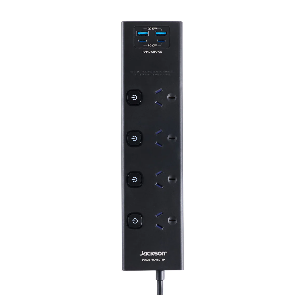 Jackson 4 Outlet Powerboard - 4 Individual Switches - 1.8m Lead - Black - USB-C & USB-A Charging - Image 2