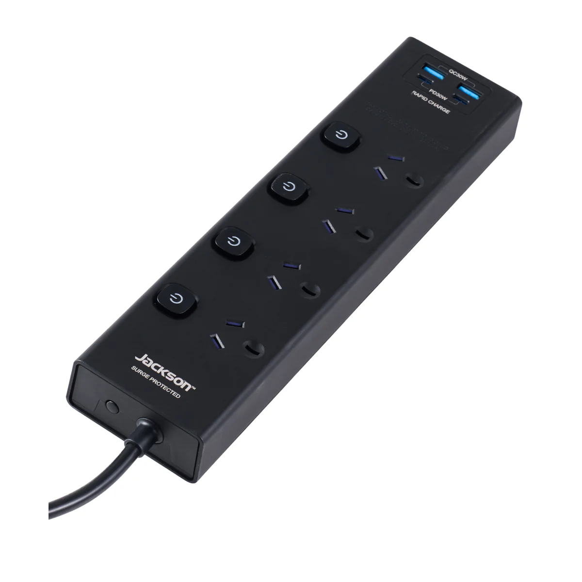 Jackson 4 Outlet Powerboard - 4 Individual Switches - 1.8m Lead - Black - USB-C & USB-A Charging - Image 4