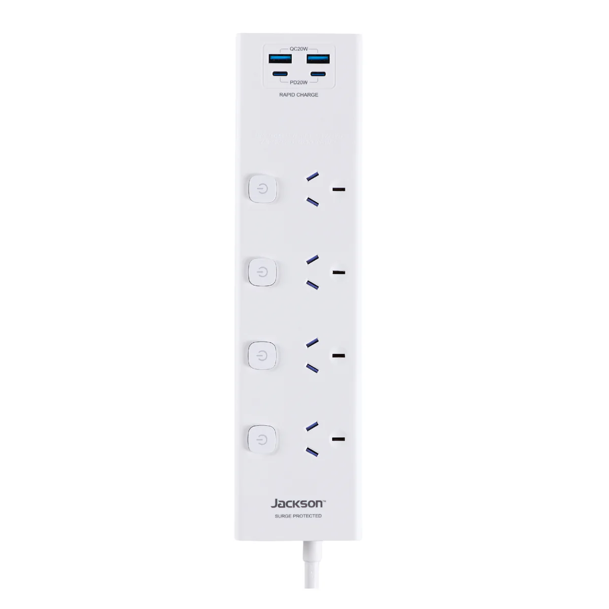 Jackson 4 Outlet Powerboard - 4 Individual Switches - 1.8m Lead - White - USB-C & USB-A Charging - Image 2