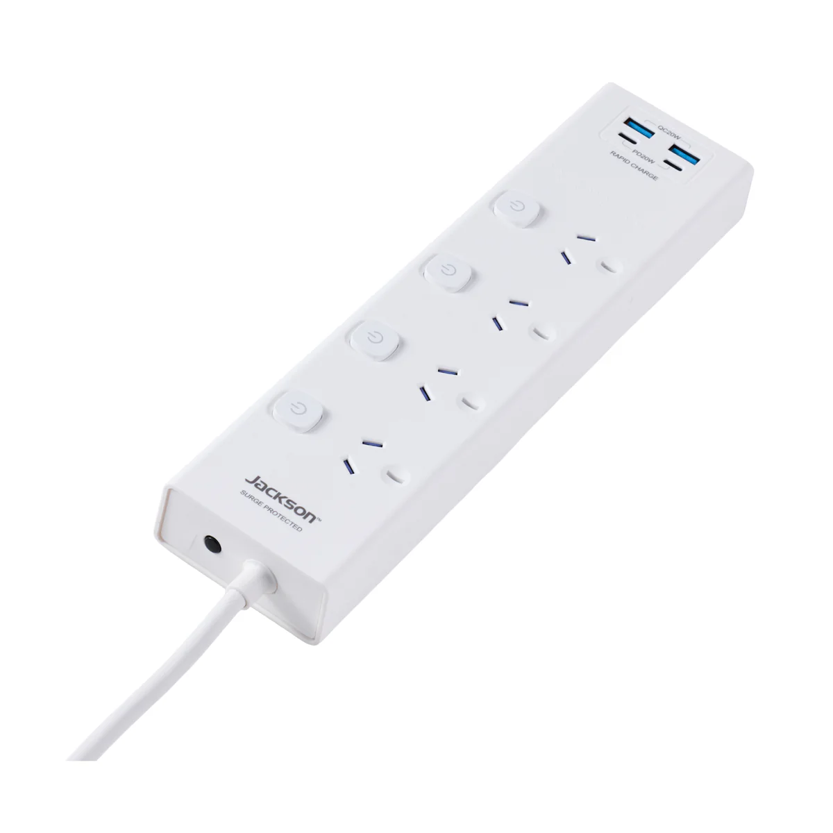 Jackson 4 Outlet Powerboard - 4 Individual Switches - 1.8m Lead - White - USB-C & USB-A Charging - Image 4