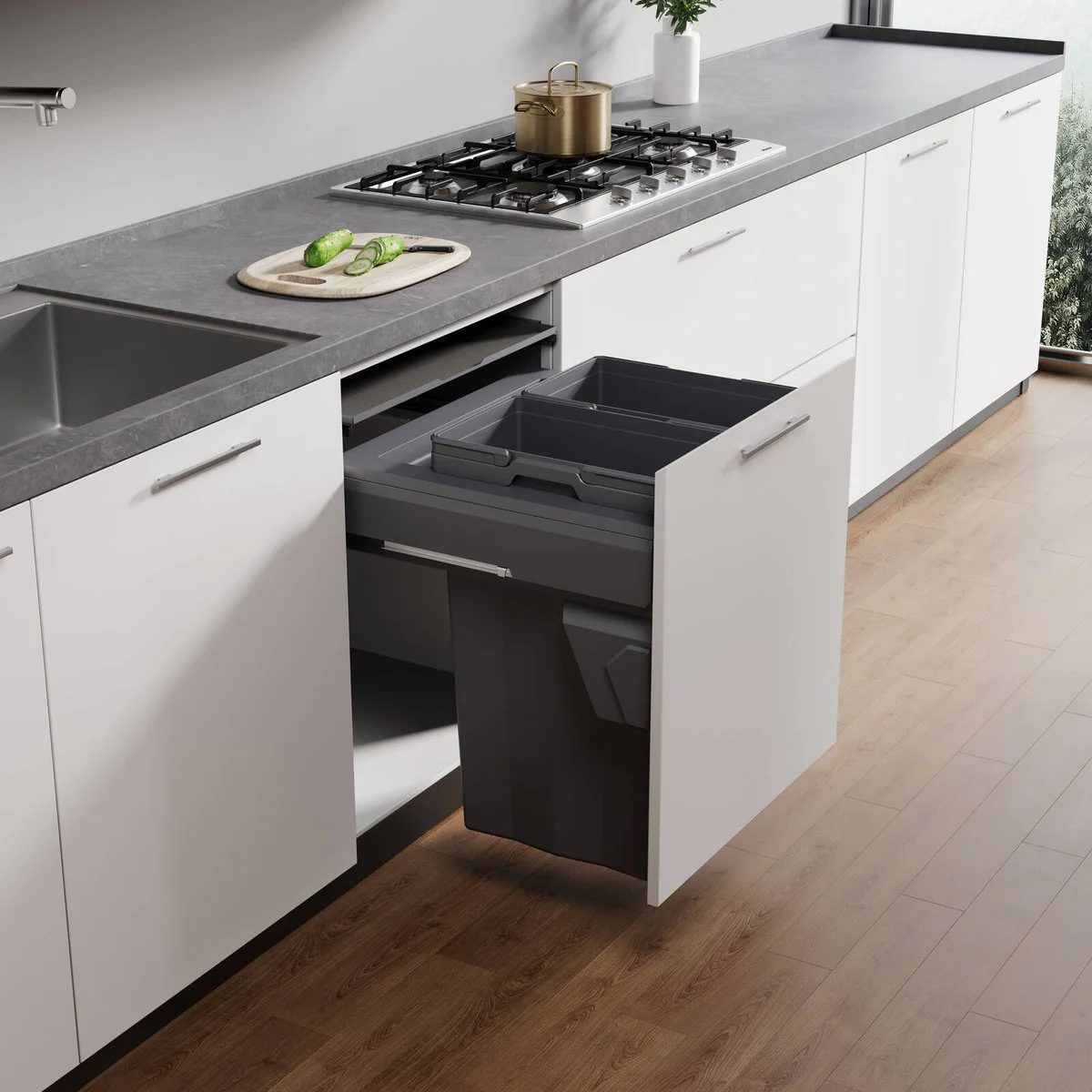 Kaboodle 2 x 37L Side Mount Pullout Bin 600mm Base Cabinet - Grey - Easy Access - Image 2