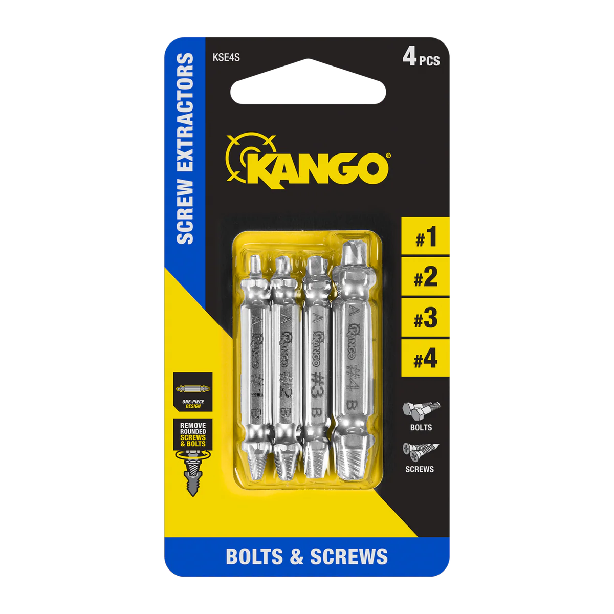 Kango 4 Piece Screw Extractors Set - M2 Steel - 65mm x 10mm x 123mm - Durable