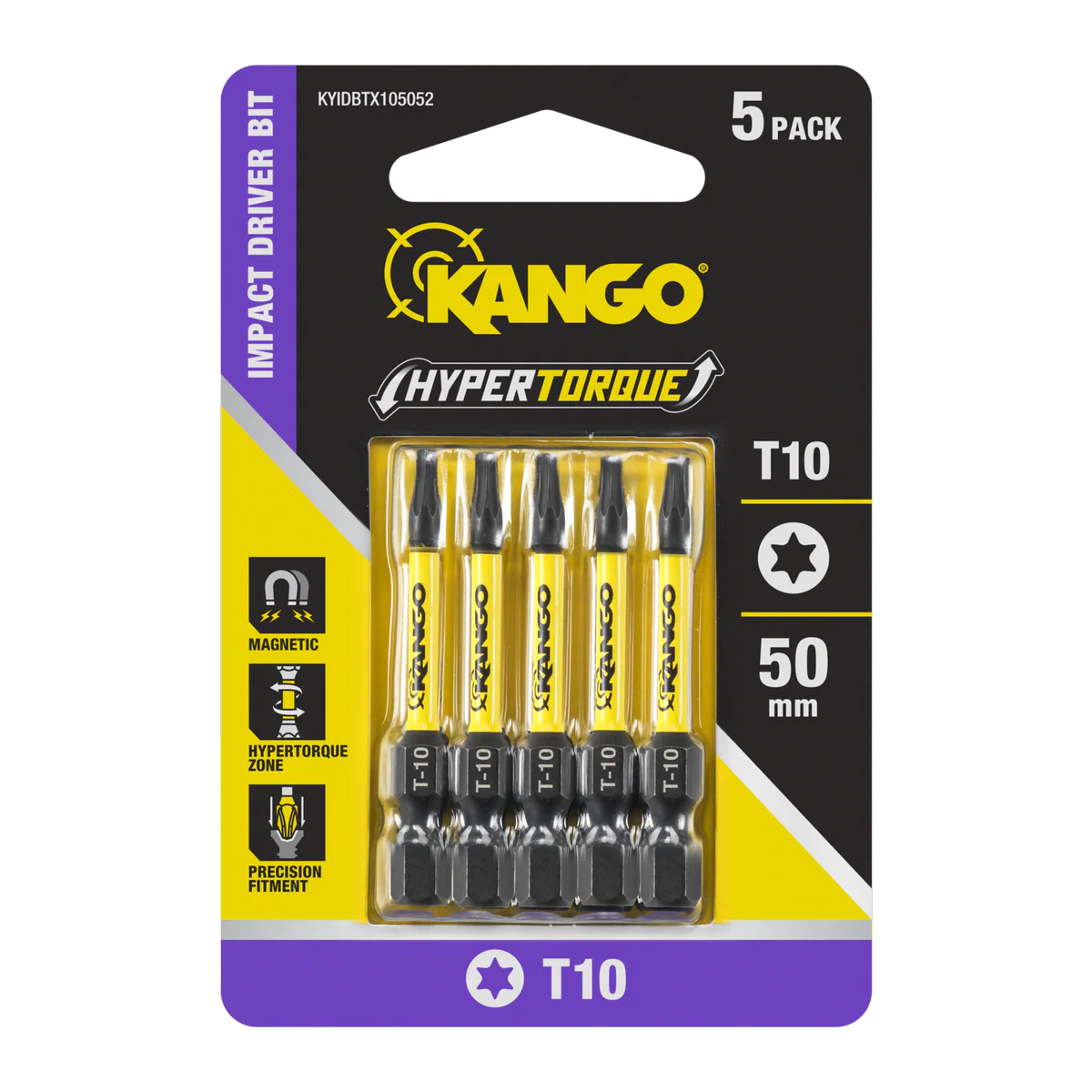 Kango 50mm TX10 HYPERTORQUE Impact Driver Bit 5 Pack - High Torque Durability