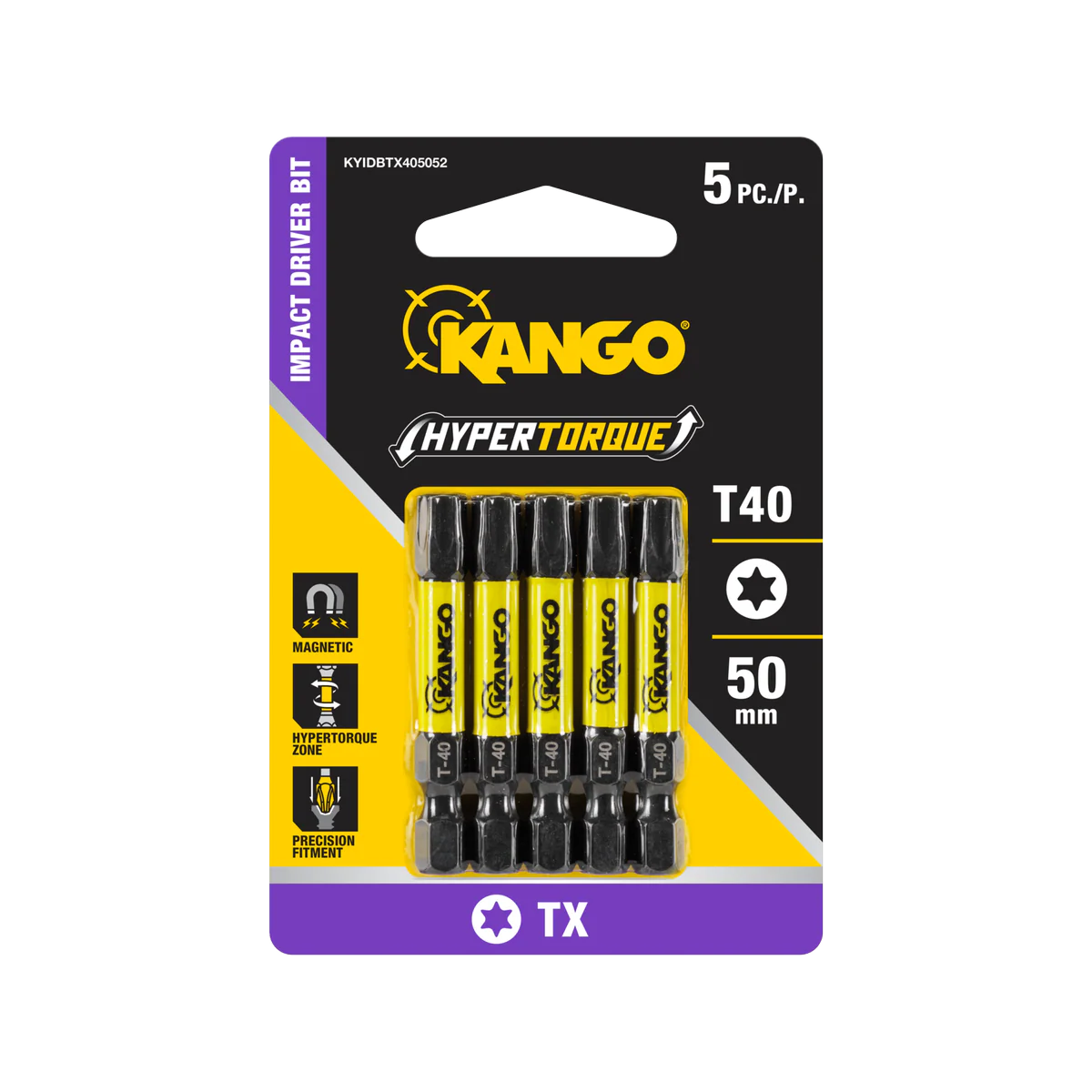 Kango 50mm TX40 HyperTorque Impact Driver Bit 5 Pack - High Torque - Magnetic Tip