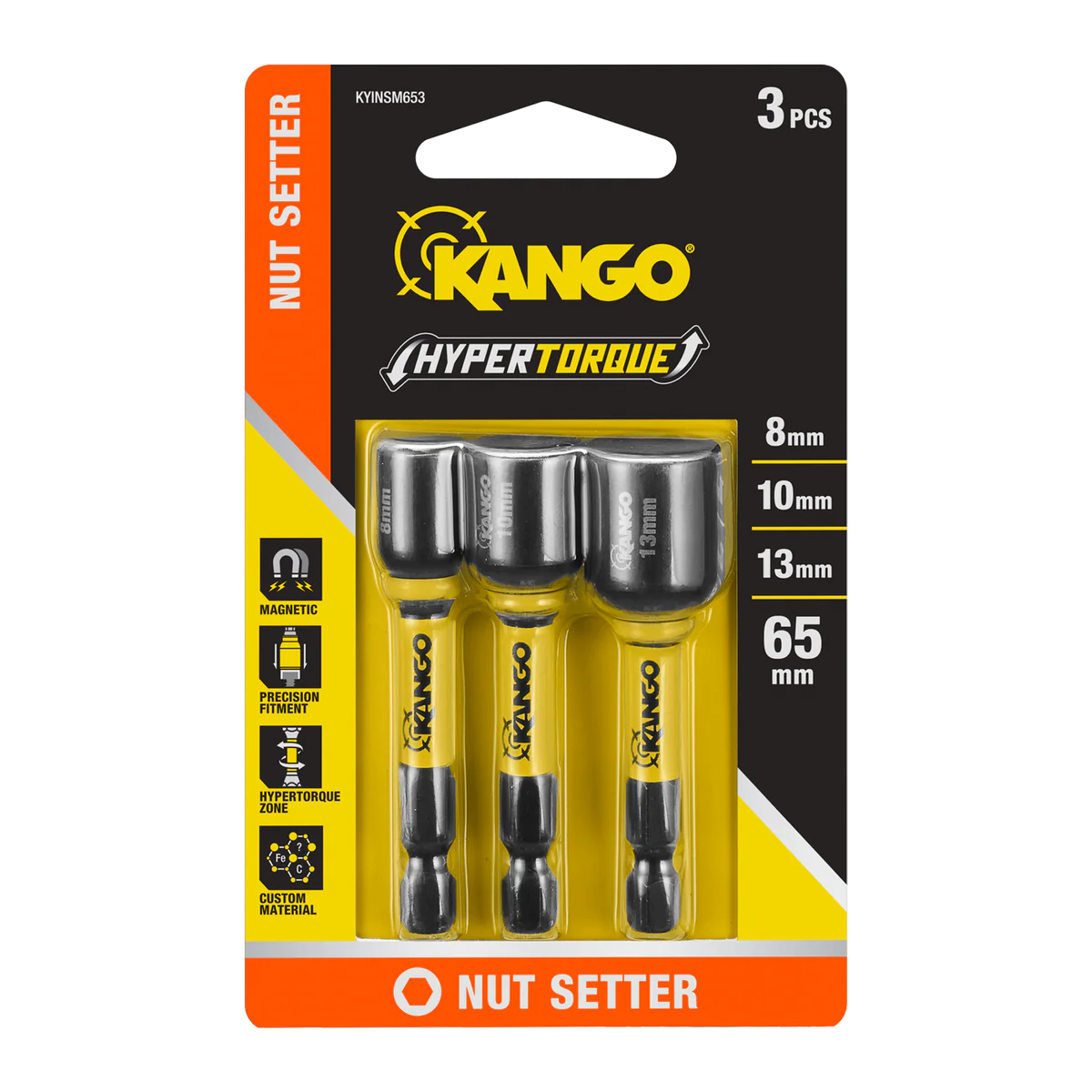 Kango 65mm Hypertorque Magnetic Nut Setters 3 Pack - M5 M6 M8 - High Torque