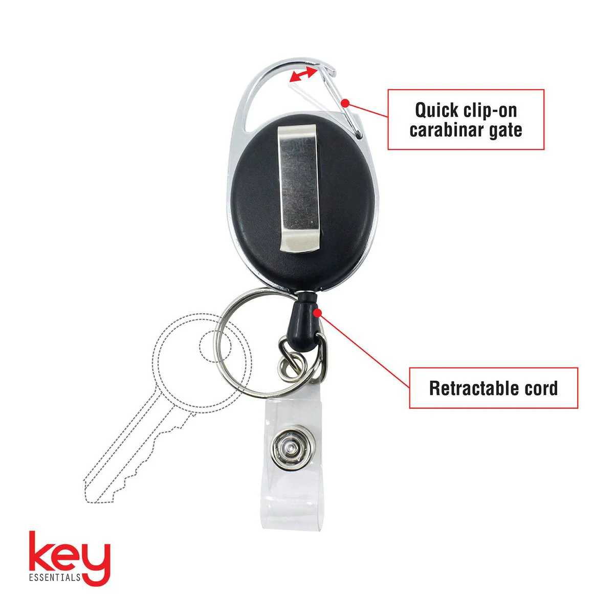 Key Essentials Retractable Lanyard Carabiner - Compact - Heavy-Duty Cord - 34mm x 109mm x 15mm - Image 4