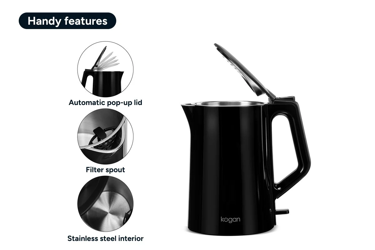 Kogan Double Wall Kettle 1.5L Black - Cool-Touch Stainless Steel Design - Image 4