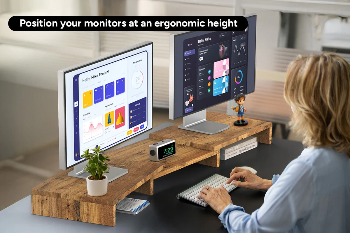 Kogan Modern Dual Monitor & Laptop Stand - Adjustable Dark Walnut - Image 5