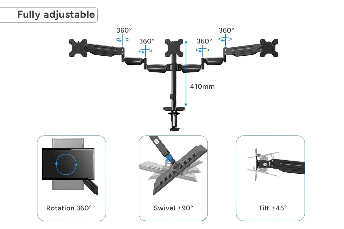 Kogan Triple Monitor Arm for 17"-27" Screens - Full Motion Gas Spring - Image 3