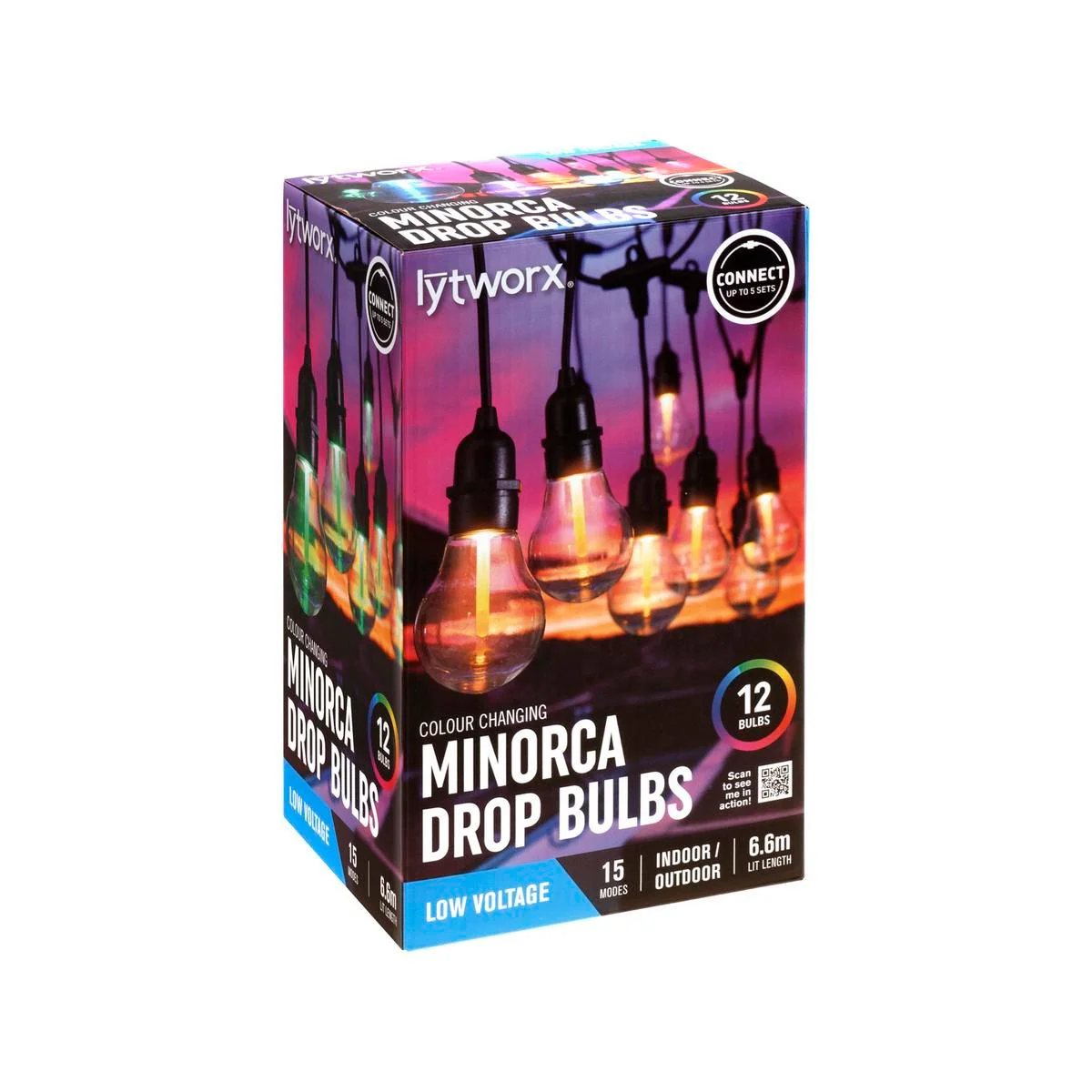 Lytworx Colour Change Connectable Minorca Party Lights 12 Bulbs - 6.6m - 15 Colour Modes - Indoor/Outdoor Use