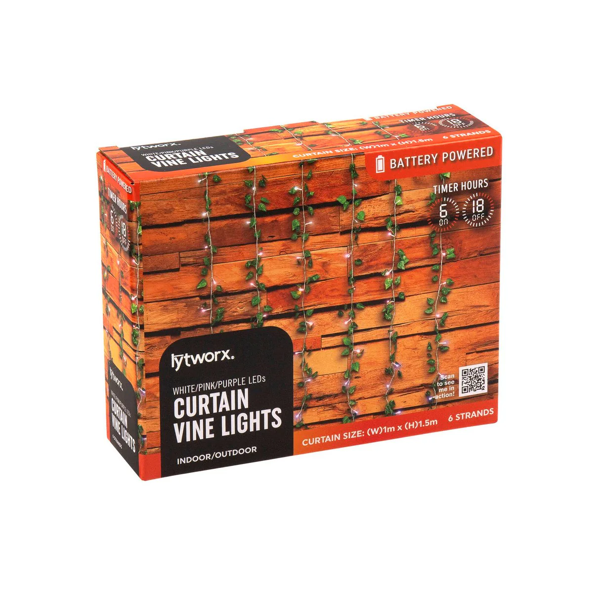 Lytworx Curtain Vine Lights - 6 Strands - 1m x 1.5m - White Pink Purple - Battery Operated