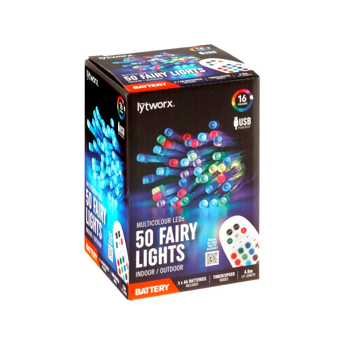 Lytworx Multicolour Fairy Lights 50 Pack - 4.9m - Battery & USB Powered