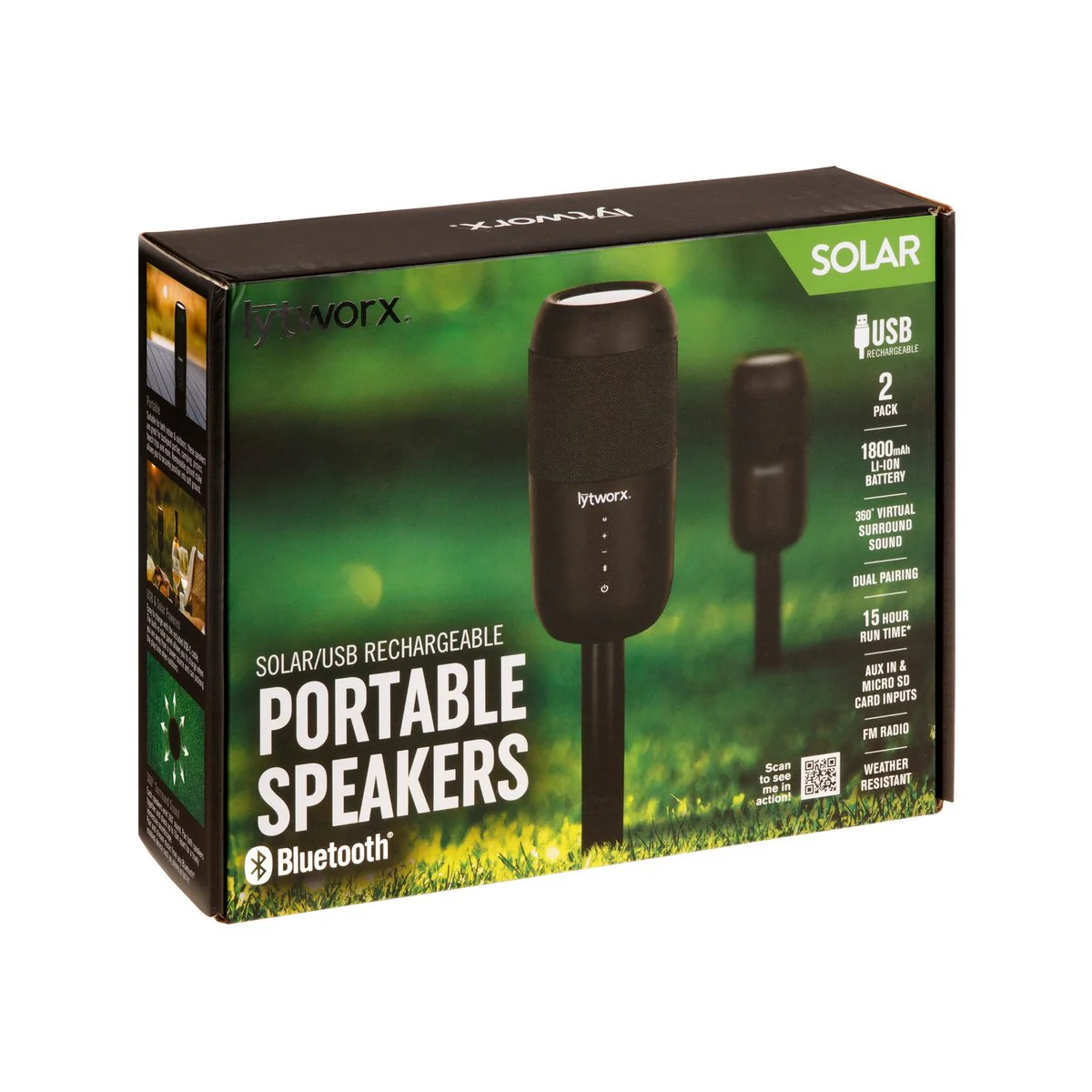 Lytworx Solar USB Portable Bluetooth Speakers 2 Pack - 360° Sound - 395 x 75 x 75 mm