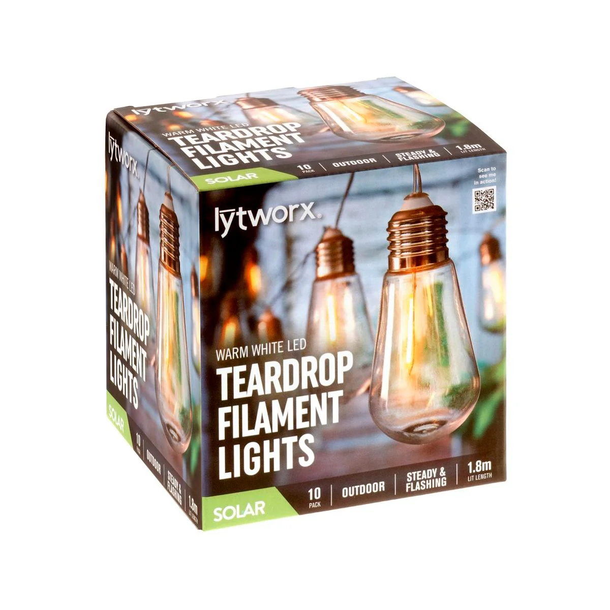 Lytworx Warm White Solar Teardrop Filament Lights 10 Pack - 1.8m Length - Indoor/Outdoor Use